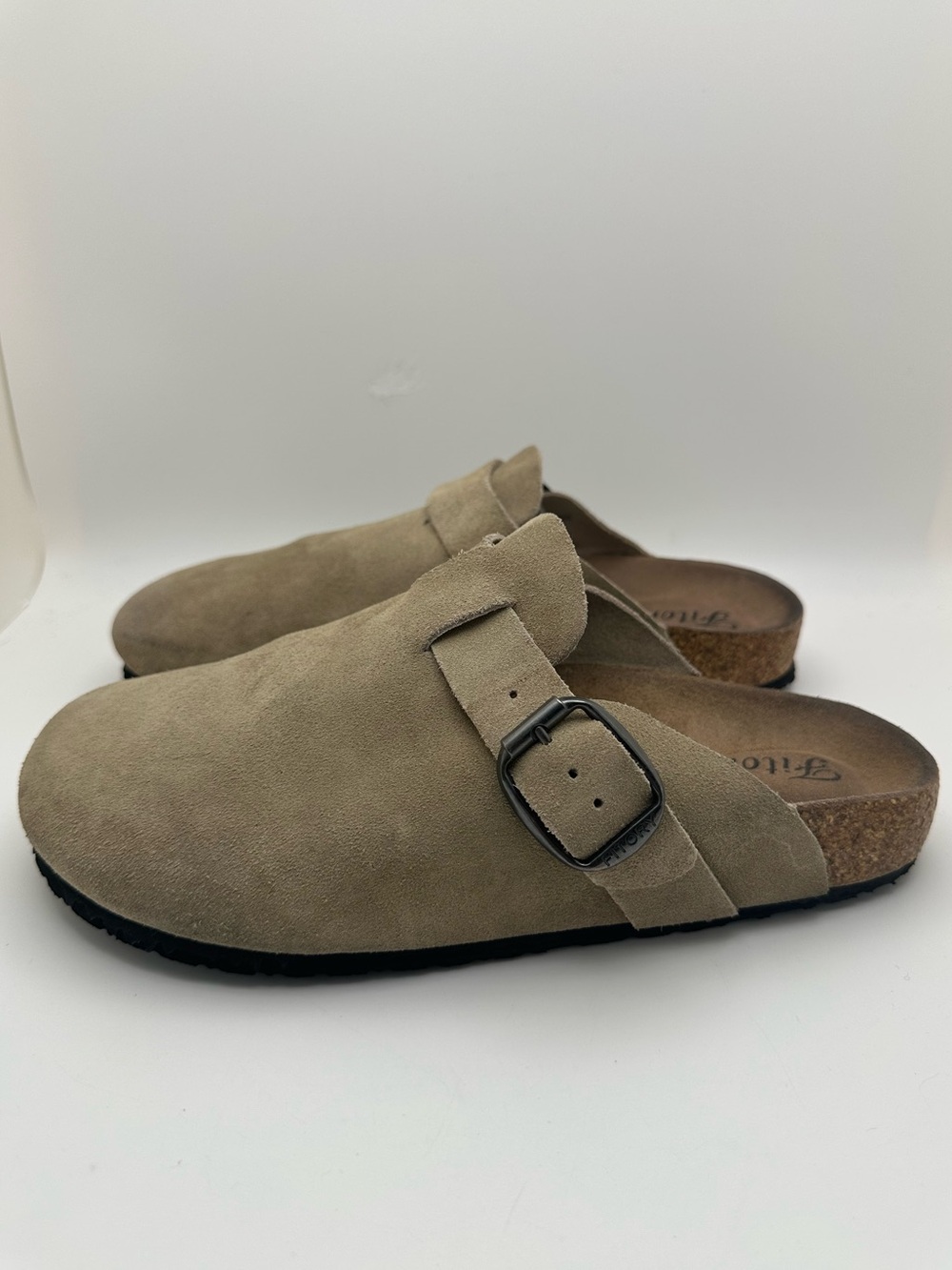 Fitory Leather Suede Slip-On Clog with Buckle - Taupe Sz 41/US 9